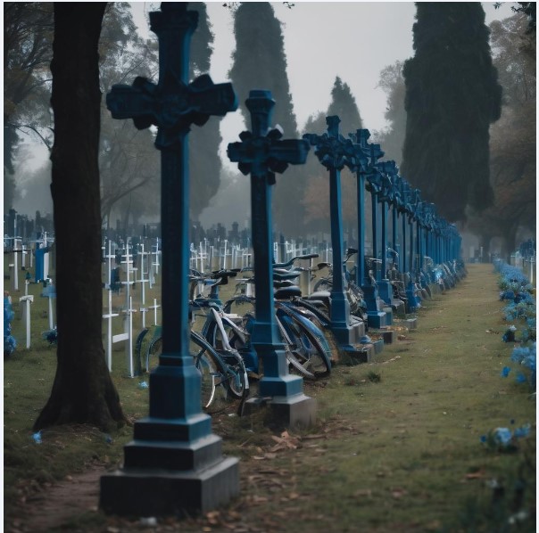 AI Art: Blue Bicycles in a cemetary.